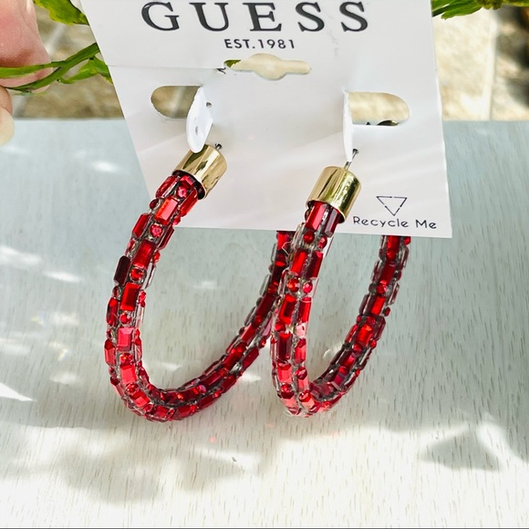 🌟🌟SOLD GUESS large hoop funky ENCRUSTED CRYSTAL BEADED earrings quirky RED a G - Picture 2 of 8